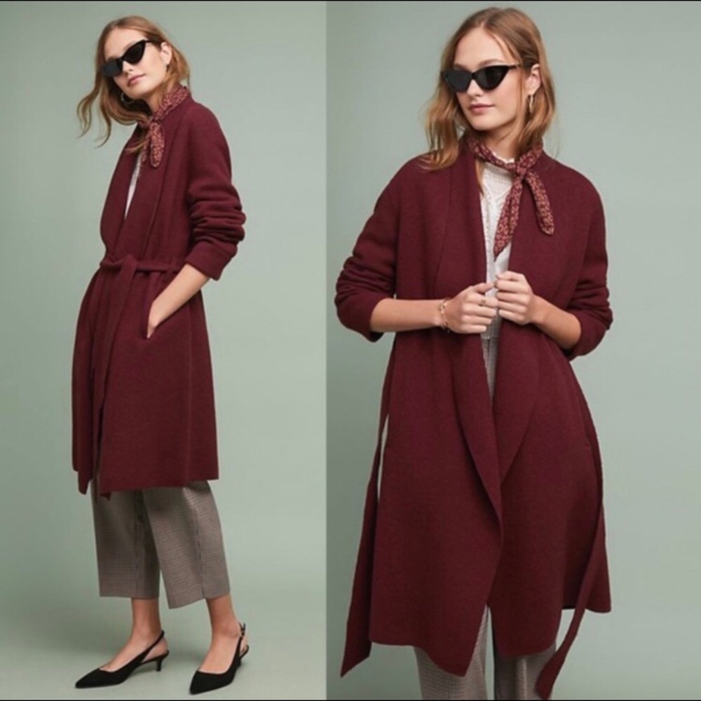 Anthropologie Moth Wine Mayella Sweater Coat with Belt